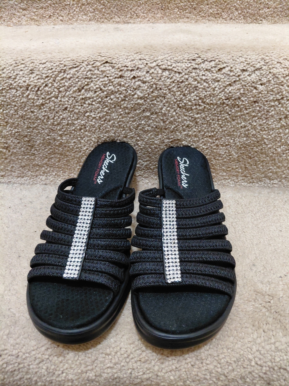 Skechers Black Slip-On Rhinestone Strap Slide Mules - NWOT